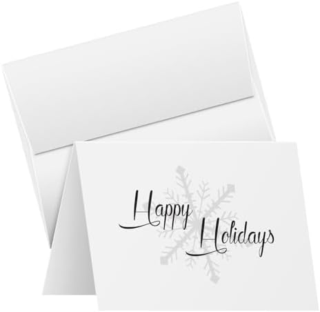 Happy Holidays Elegant White Fold Over Cards with Envelopes 25 per Pack
