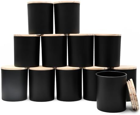 14 Oz Thick Matte Black Candle Jars 12 Pcs with Wood Lids