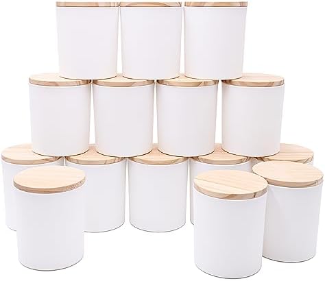 10 Oz Thick Candle Jars 15 Pcs Matte White with Wood Lids