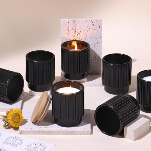 7oz Black Ribbed Glass Candle Jars 8 Pack with Lids