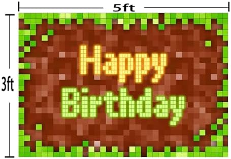 Pixel Birthday Backdrop Green Themed Game Party Decoration 5x3 Ft