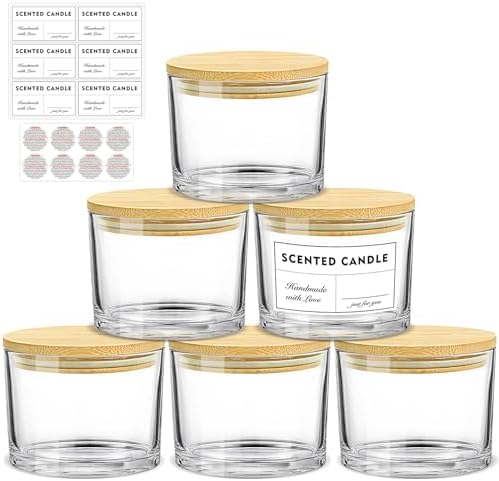 16oz Clear Glass Candle Jars 6 Pack with Bamboo Lids and Labels