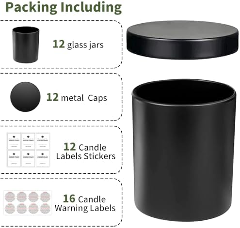 SUPMIND 12 Pack Matte Black Glass Candle Jars with Lids and Labels
