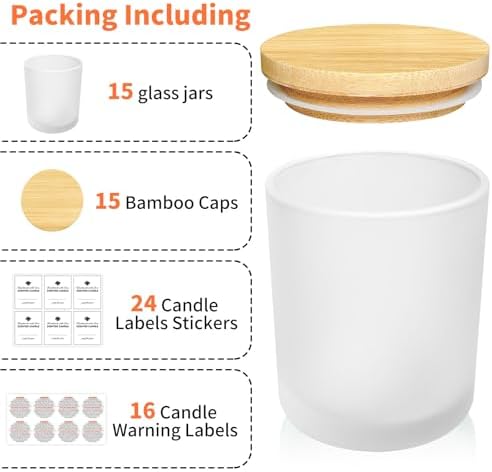 15 Pack Frosted Glass Candle Jars with Bamboo Lids and Labels