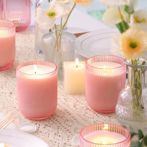 12PCS Pink Ribbed Candle Jars with Bamboo Lids and Wick Kit