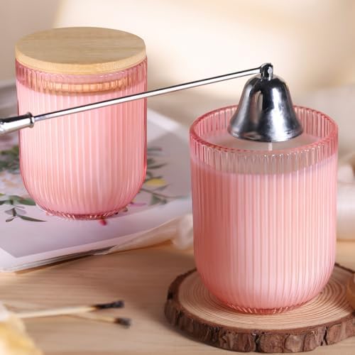 12PCS Pink Ribbed Candle Jars with Bamboo Lids and Wick Kit