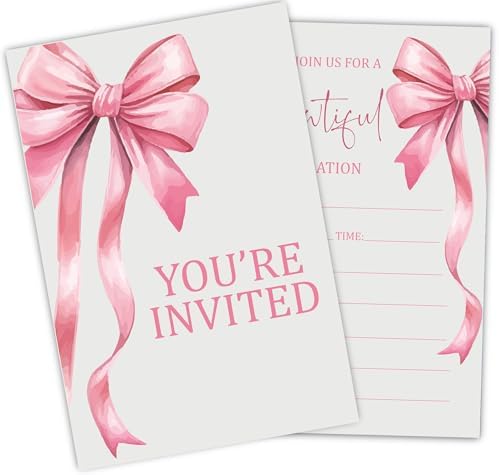 Pink Bow Birthday Invitations for Girls 30 Double Sided Cards with Envelopes