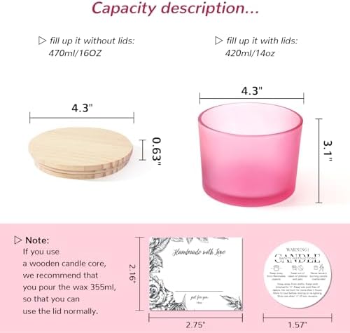 6 Pack Frosted Pink Glass Candle Jars with Lids - 16oz
