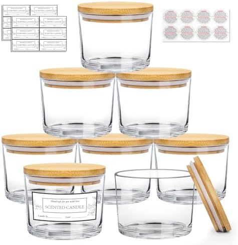 CONNOO 8 Pack 12 OZ Clear Glass Candle Jars with Airtight Bamboo Lids