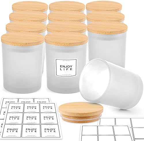 GOTIDEAL 12 Pack 9 OZ Frosted White Candle Jars with Bamboo Lids