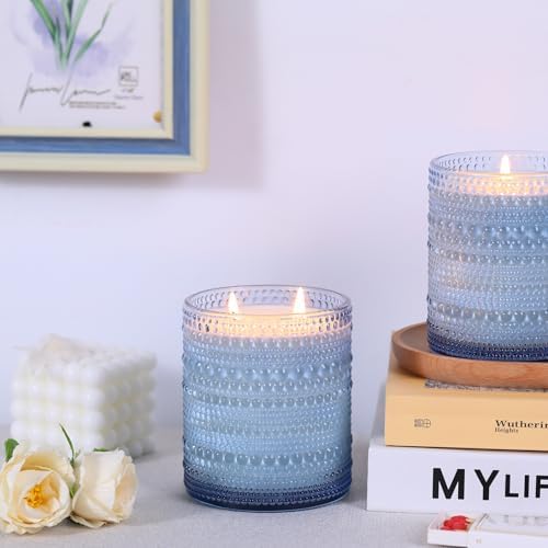 DARJEN 8 Pack Blue Candle Jars with Bamboo Lids and Labels