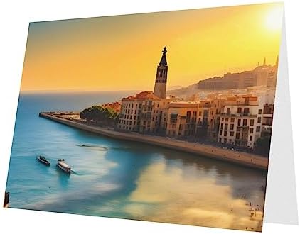 Blue Pearlescent Holiday Cards 4x6 with Sunset in Barcelona Print