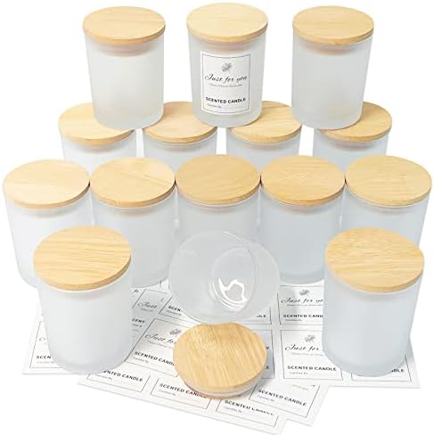 CONNOO 15 Pack Frosted Glass Candle Jars with Bamboo Lids