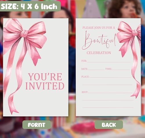 Pink Bow Birthday Invitations for Girls 30 Double Sided Cards with Envelopes