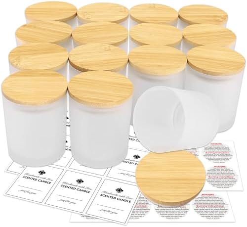15 Pack Frosted Glass Candle Jars with Bamboo Lids and Labels