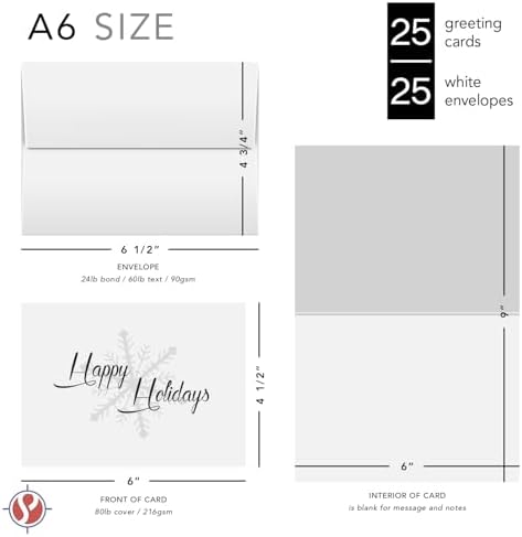 Happy Holidays Elegant White Fold Over Cards with Envelopes 25 per Pack