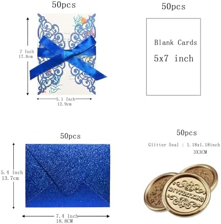 50Pcs Laser Cut Blue Wedding Invitations with Glitter Envelopes Ribbons