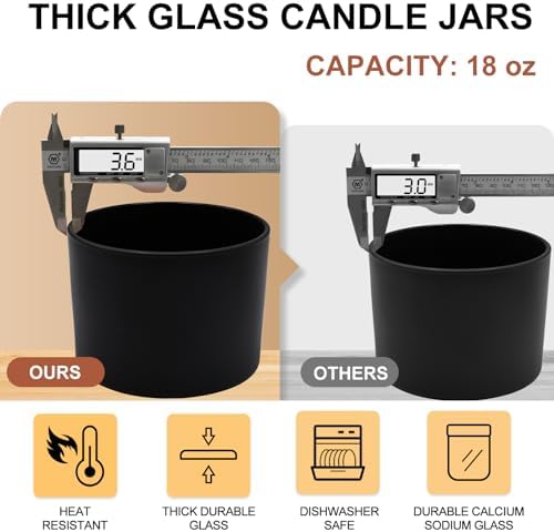 18 OZ Thick Candle Jars 6 Pcs Matte Black with Wood Lids