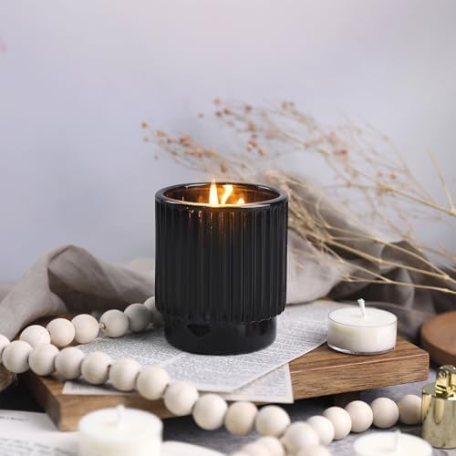 7oz Black Ribbed Glass Candle Jars 8 Pack with Lids