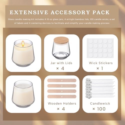 Ziliny 4 Pcs 10 Oz Glass Candle Jars with Bamboo Lids Kit