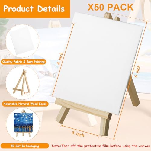 50 Pack Mini Canvas and Easel Set for Kids Classroom Art