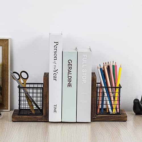MyGift Rustic Burnt Wood Bookends with Metal Storage Baskets 1-Pair