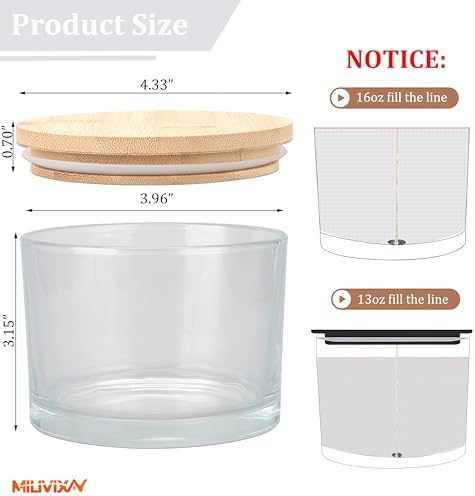 MILIVIXAY 6 Pack 16 oz Candle Jars with Bamboo Lids and Making Kit