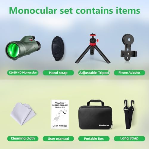 12x60 HD Monocular Telescope with Smartphone Adapter and Tripod Hand Strap