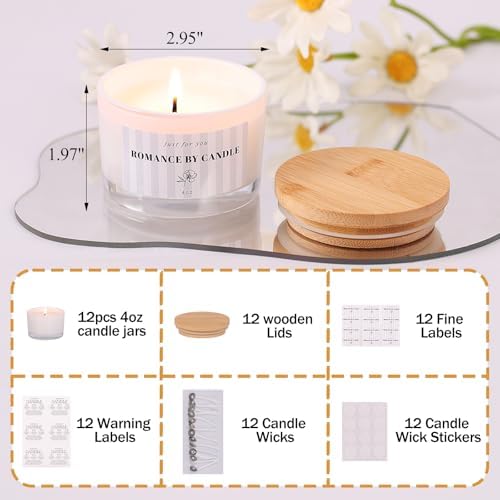 REISEN 12 Pack 4 Oz Candle Jars with Bamboo Lids and Accessories