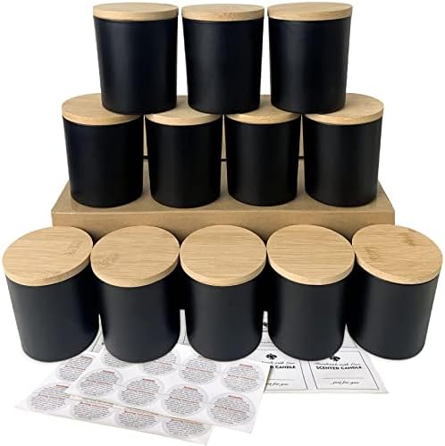 CONNOO 12 Pack Matte Black Candle Jars with Bamboo Lids and Warning Labels