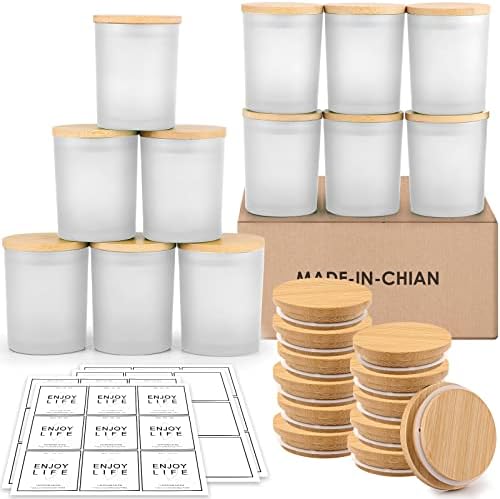 GOTIDEAL 12 Pack 9 OZ Frosted White Candle Jars with Bamboo Lids