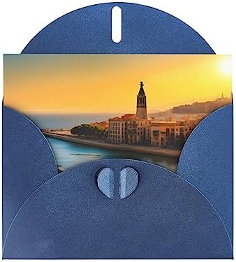 Blue Pearlescent Holiday Cards 4x6 with Sunset in Barcelona Print