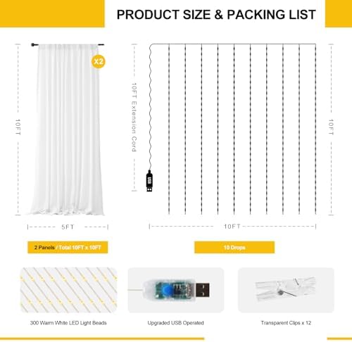HOLITS Tulle Curtain Backdrop with 300 LED Fairy Lights 10ft x 10ft White