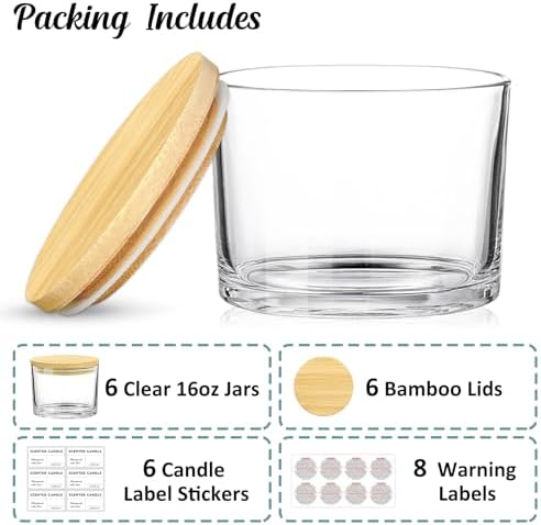 16oz Clear Glass Candle Jars 6 Pack with Bamboo Lids and Labels