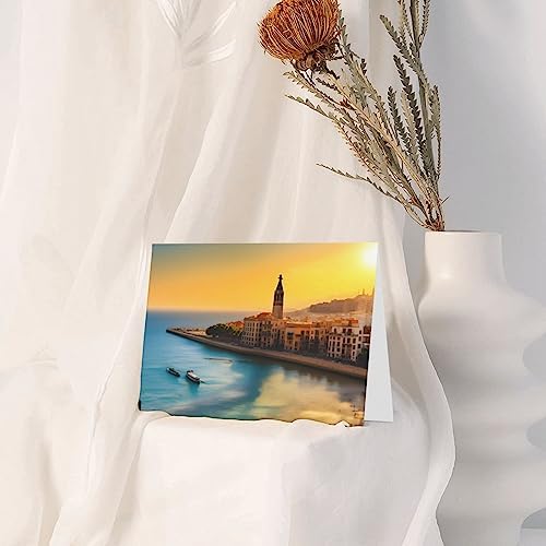Blue Pearlescent Holiday Cards 4x6 with Sunset in Barcelona Print