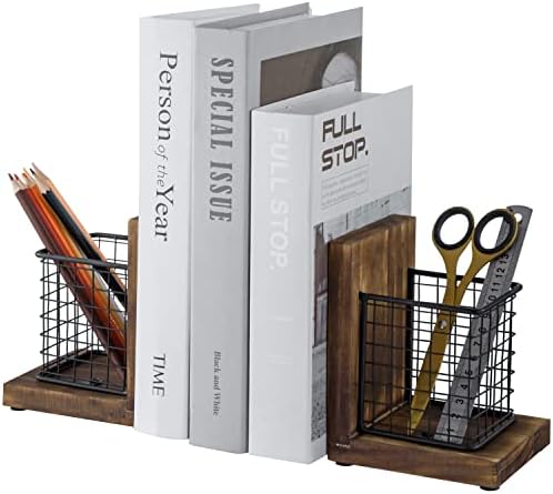 MyGift Rustic Burnt Wood Bookends with Metal Storage Baskets 1-Pair
