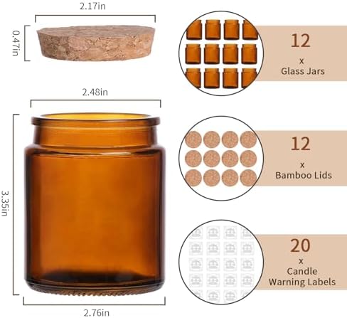 Lanttu 12Pcs Amber Candle Jars with Wooden Lids and Labels
