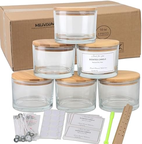 MILIVIXAY 6 Pack 16 oz Candle Jars with Bamboo Lids and Making Kit