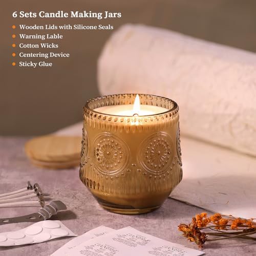 LAMORGIFT 6 Pack Large Candle Jars with Wooden Lids and Labels