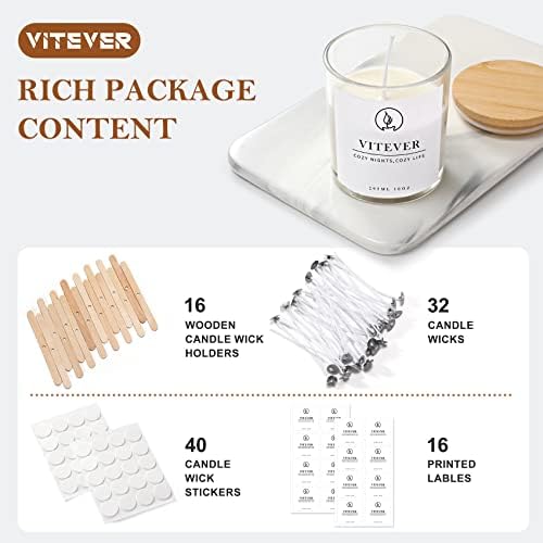 VITEVER 16 Pack Clear Glass Candle Jars with Bamboo Lids and Wick Kit
