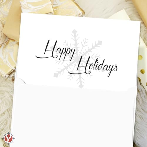 Happy Holidays Elegant White Fold Over Cards with Envelopes 25 per Pack