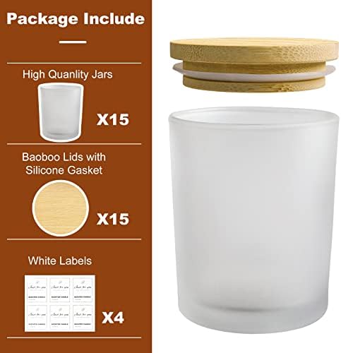 CONNOO 15 Pack Frosted Glass Candle Jars with Bamboo Lids