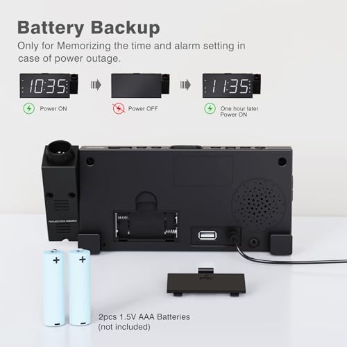 Mesqool Projection Alarm Clock with FM Radio and Dual Alarms