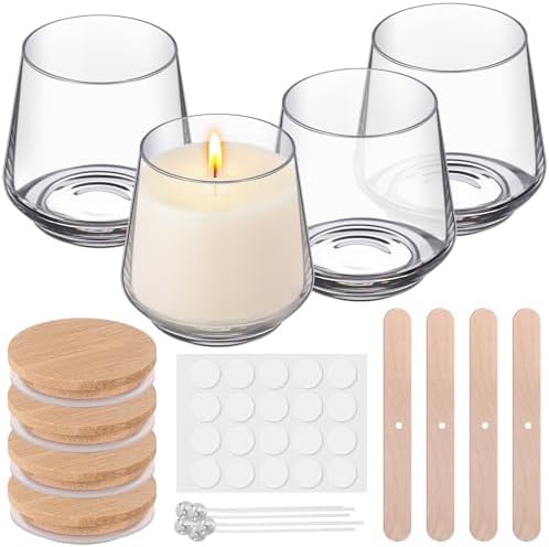 Ziliny 4 Pcs 10 Oz Glass Candle Jars with Bamboo Lids Kit