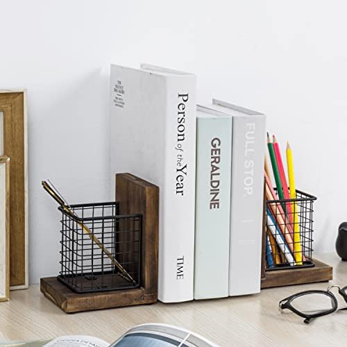 MyGift Rustic Burnt Wood Bookends with Metal Storage Baskets 1-Pair