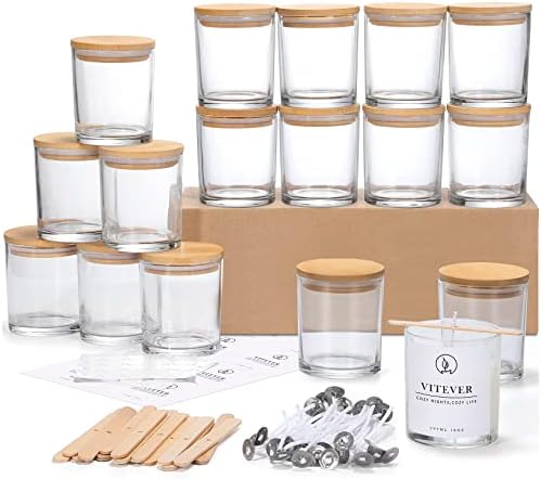 VITEVER 16 Pack Clear Glass Candle Jars with Bamboo Lids and Wick Kit