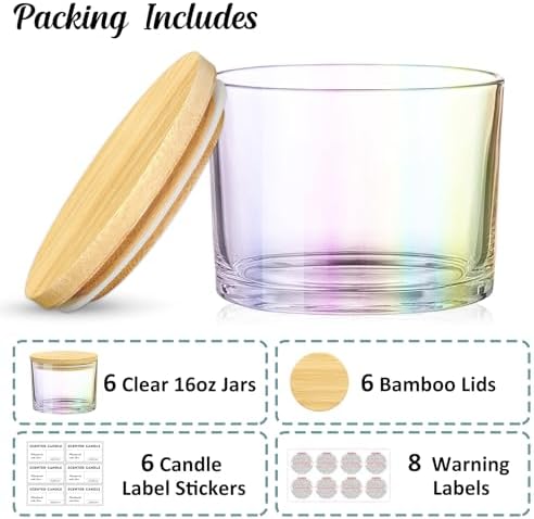 16oz 3 Wick Candle Jars 6 Pack - Glass Containers with Bamboo Lids