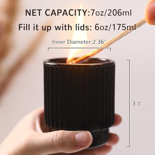 7oz Black Ribbed Glass Candle Jars 8 Pack with Lids