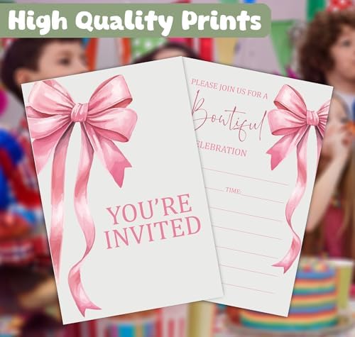 Pink Bow Birthday Invitations for Girls 30 Double Sided Cards with Envelopes