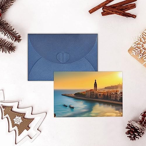 Blue Pearlescent Holiday Cards 4x6 with Sunset in Barcelona Print